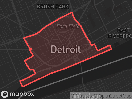 Map of Central Business District in Detroit with its official boundary outlined