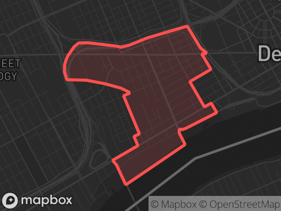 Map of Corktown in Detroit with its official boundary outlined