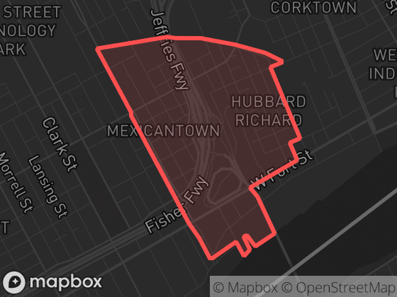 Map of Hubbard Richard in Detroit with its official boundary outlined