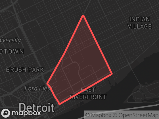 Map of Lower East Central in Detroit with its official boundary outlined