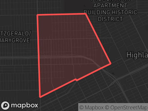 Map of McNichols in Detroit with its official boundary outlined
