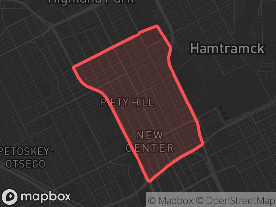 Map of Middle Woodward in Detroit with its official boundary outlined