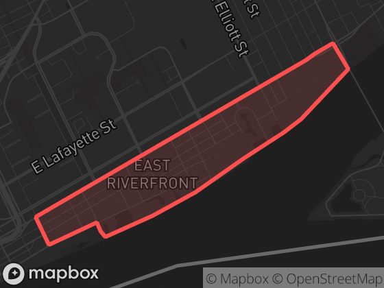 Map of Near East Riverfront in Detroit with its official boundary outlined