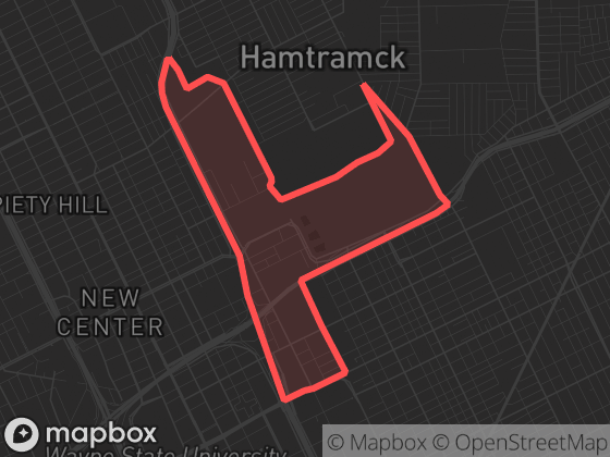 Map of Upper East Central in Detroit with its official boundary outlined