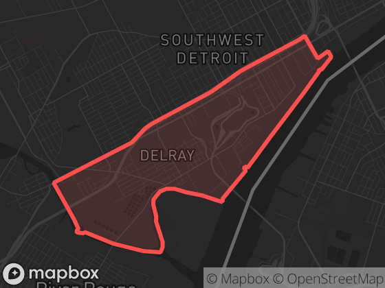 Map of West Riverfront in Detroit with its official boundary outlined
