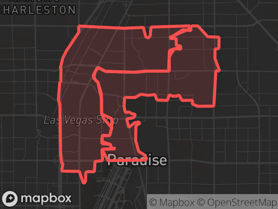 Map of The Strip / Paradise in Las Vegas with its official boundary outlined