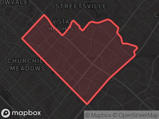 Map of Central Erin Mills in Mississauga with its official boundary outlined