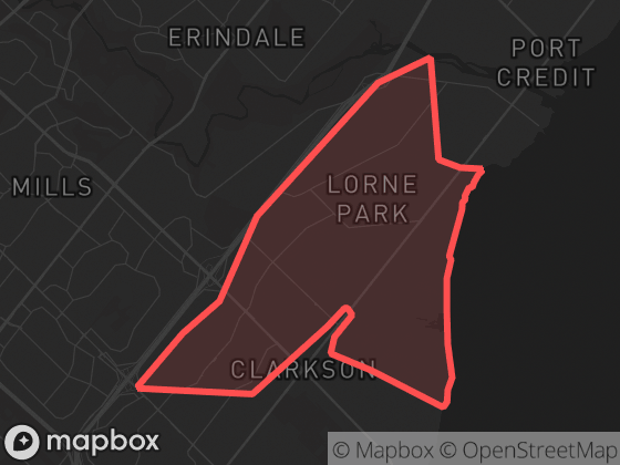 Map of Clarkson - Lorne Park in Mississauga with its official boundary outlined