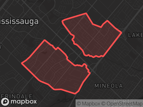 Map of Cooksville in Mississauga with its official boundary outlined