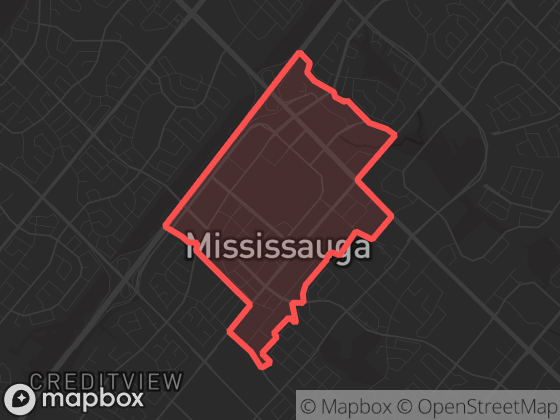Map of Downtown Core in Mississauga with its official boundary outlined