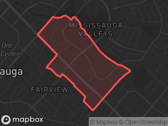 Map of Downtown Fairview in Mississauga with its official boundary outlined