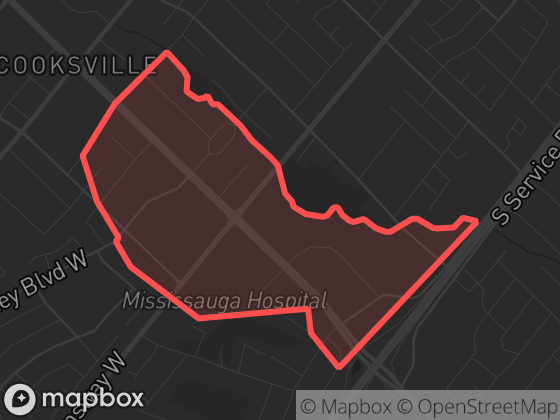 Map of Downtown Hospital in Mississauga with its official boundary outlined