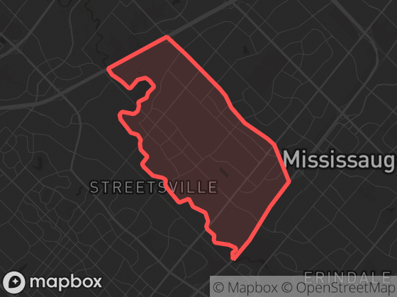 Map of East Credit in Mississauga with its official boundary outlined
