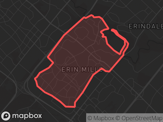 Map of Erin Mills in Mississauga with its official boundary outlined
