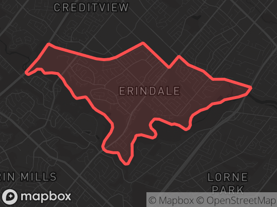 Map of Erindale in Mississauga with its official boundary outlined