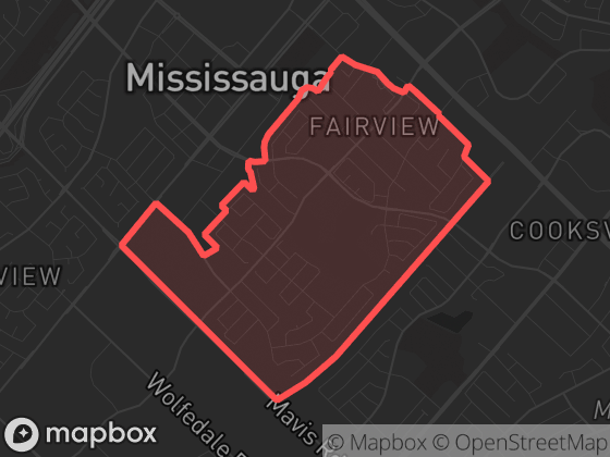 Map of Fairview in Mississauga with its official boundary outlined