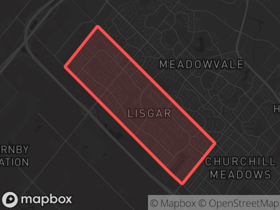 Map of Lisgar in Mississauga with its official boundary outlined
