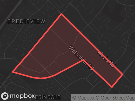 Map of Mavis-Erindale in Mississauga with its official boundary outlined
