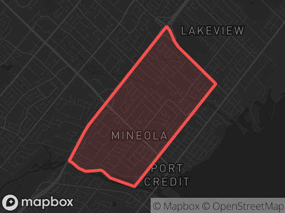 Map of Mineola in Mississauga with its official boundary outlined