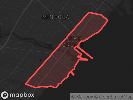Map of Port Credit in Mississauga with its official boundary outlined