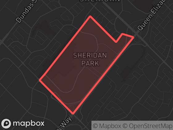 Map of Sheridan Park in Mississauga with its official boundary outlined