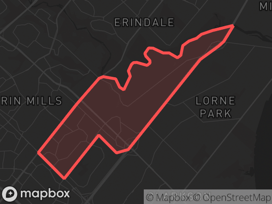 Map of Sheridan in Mississauga with its official boundary outlined