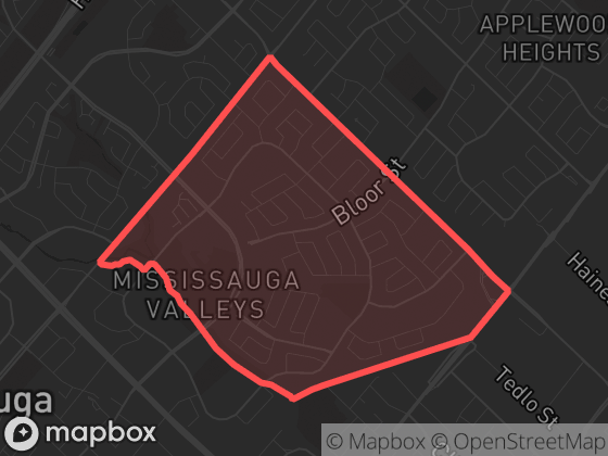 Map of Valleys in Mississauga with its official boundary outlined