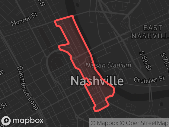 Map of Downtown in Nashville with its official boundary outlined