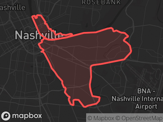 Map of South Nashville in Nashville with its official boundary outlined