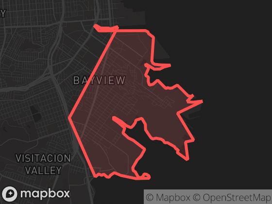 Map of Bayview in San Francisco with its official boundary outlined