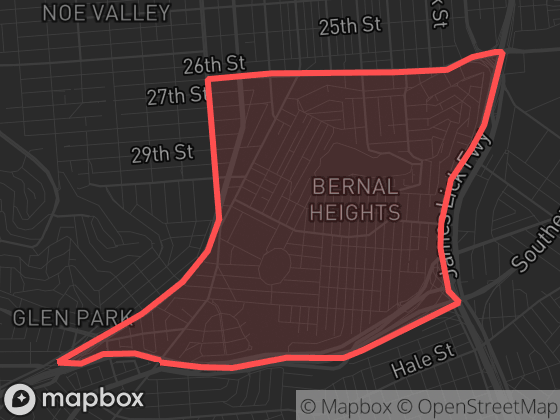 Map of Bernal Heights in San Francisco with its official boundary outlined