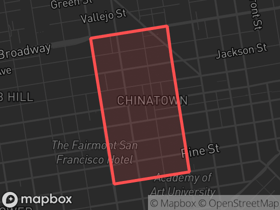 Map of Chinatown in San Francisco with its official boundary outlined
