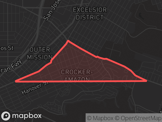 Map of Crocker Amazon in San Francisco with its official boundary outlined