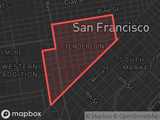 Map of Downtown/Civic Center in San Francisco with its official boundary outlined