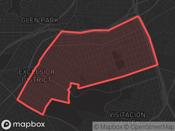 Map of Excelsior in San Francisco with its official boundary outlined