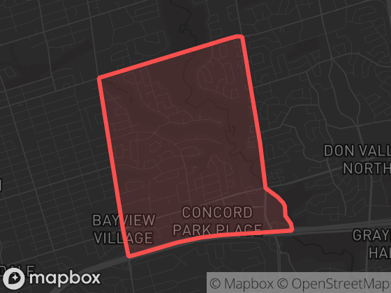 Map of Bayview Village in Toronto with its official boundary outlined