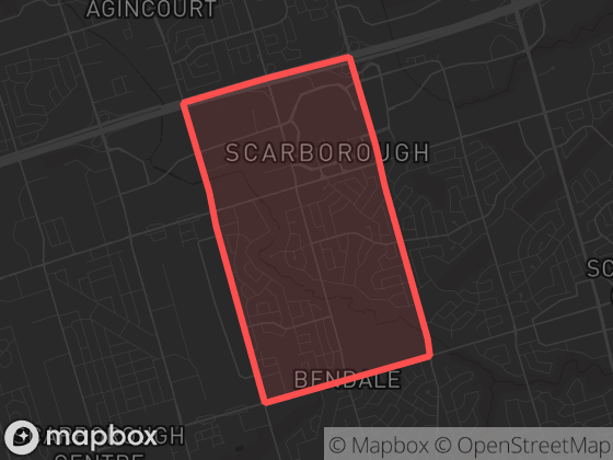 Map of Bendale-Glen Andrew in Toronto with its official boundary outlined