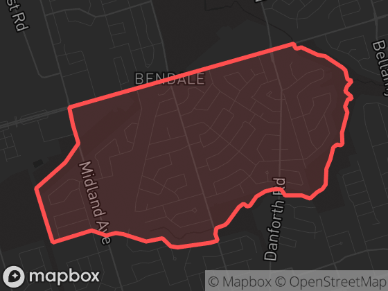 Map of Bendale South in Toronto with its official boundary outlined