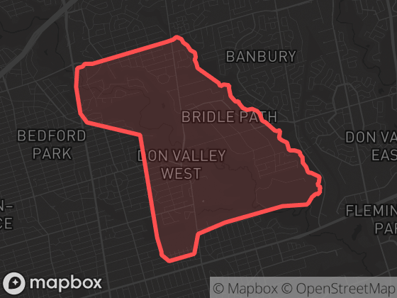 Map of Bridle Path-Sunnybrook-York Mills in Toronto with its official boundary outlined