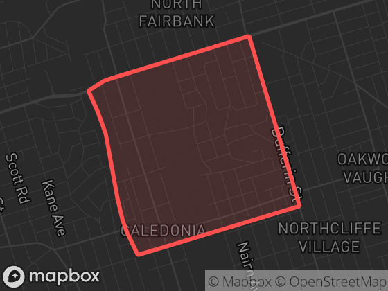 Map of Caledonia-Fairbank in Toronto with its official boundary outlined