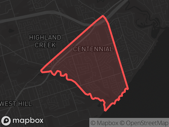 Map of Centennial Scarborough in Toronto with its official boundary outlined