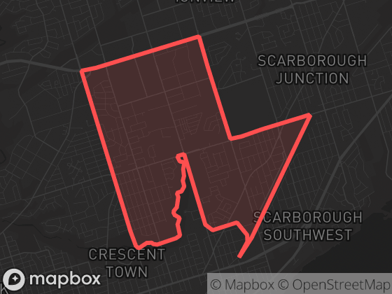 Map of Clairlea-Birchmount in Toronto with its official boundary outlined