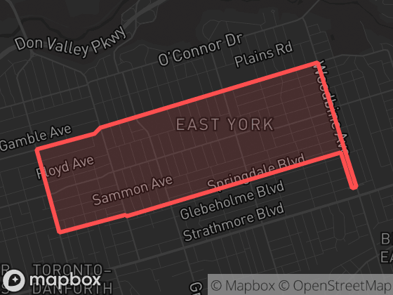 Map of Danforth East York in Toronto with its official boundary outlined