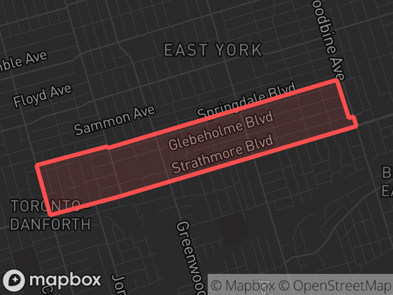 Map of Danforth in Toronto with its official boundary outlined
