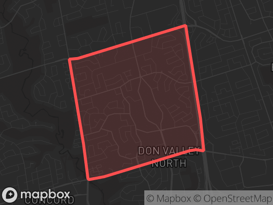 Map of Don Valley Village in Toronto with its official boundary outlined