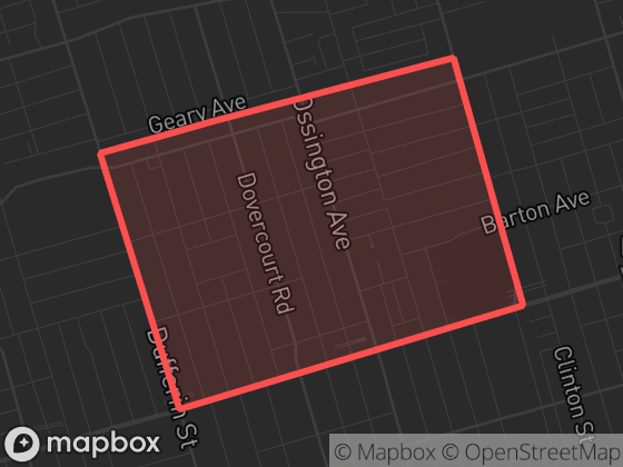 Map of Dovercourt Village in Toronto with its official boundary outlined