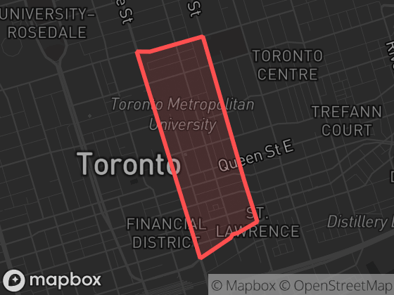 Map of Downtown Yonge East in Toronto with its official boundary outlined