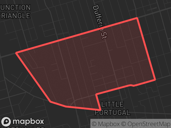 Map of Dufferin Grove in Toronto with its official boundary outlined