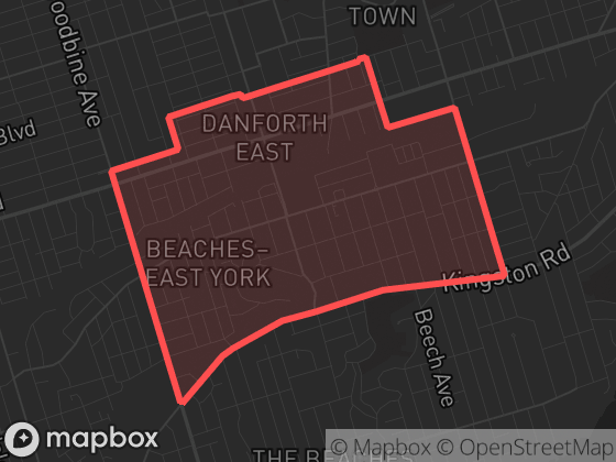 Map of East End-Danforth in Toronto with its official boundary outlined