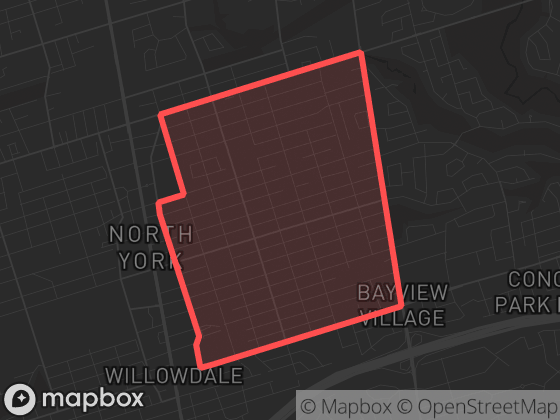 Map of East Willowdale in Toronto with its official boundary outlined